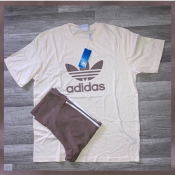 NWT 2 pc adidas originals tshirt and leggings matching set in cream and brown L - Picture 5 of 5